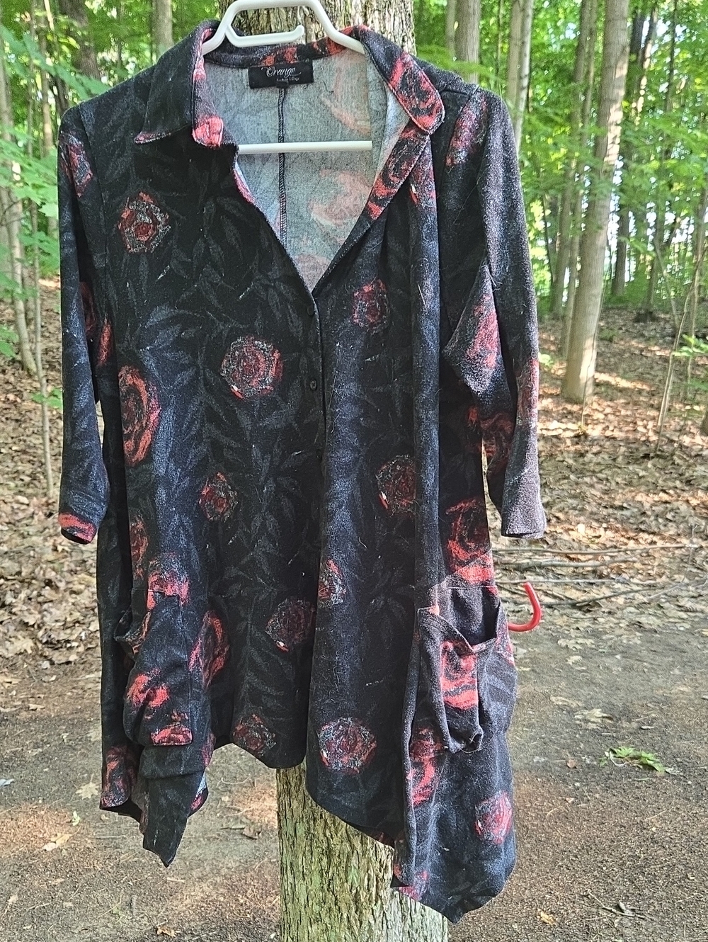 Orange Fashion Villiage Floral Black Button-Front Tunic Aysemetrical L-XL